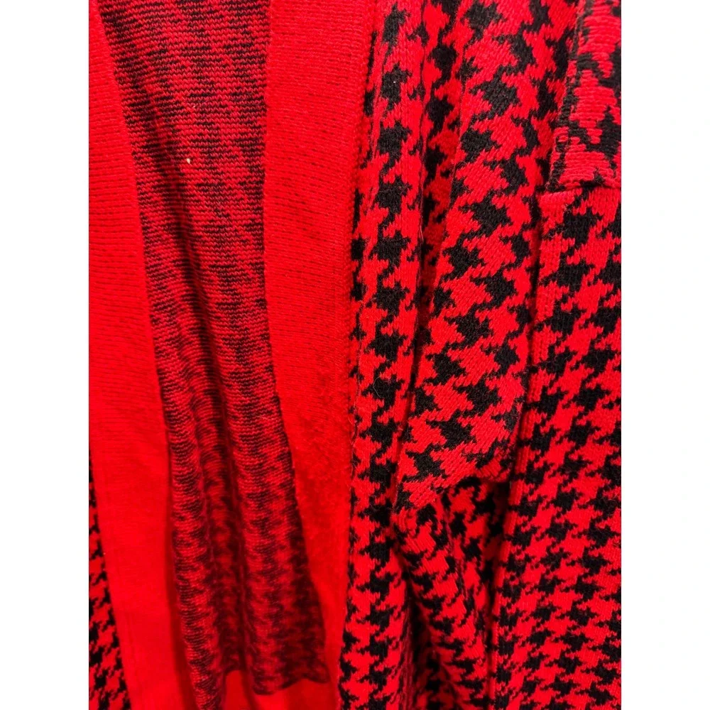 Sweater Bazaar Vintage Red‎ Black Houndstooth Cardigan Open Front USA Made 22W